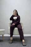 Kadın Fitilli Baskılı Pijama Takım Mürdüm