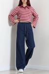 Kadın Beli Lastikli Bol Paça Kot Pantolon Koyumavi