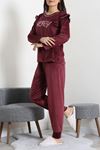 Kadın Fransız Kadife Fırfırlı Pijama Takımı Mürdüm
