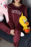Kadın Fransız Kadife Fırfırlı Pijama Takımı Mürdüm