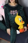 Kadın Fransız Kadife Fırfırlı Pijama Takımı Zümrüt