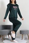 Kadın Fransız Kadife Fırfırlı Pijama Takımı Zümrüt
