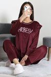 Kadın Fransız Kadife Fırfırlı Pijama Takımı Mürdüm