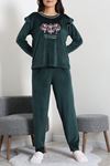 Kadın Fransız Kadife Fırfırlı Pijama Takımı Zümrüt