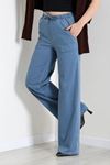 Kadın Beli Lastikli Bol Paça Kot Pantolon Açıkmavi