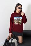 Kadın Üç İplik Kapüşonlu Baskılı Sweat Bordo