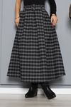 Kadın Ekoseli Kemerli Pileli Midi Etek Gri