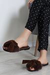 Kadın Kurdeleli Peluş Ev Terliği Açık Kahve