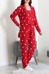 Kadın Süet 3'Lü Pijama Set Kırmızıbeyaz