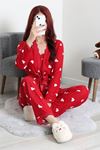Kadın Süet 3'Lü Pijama Set Kırmızıbeyaz