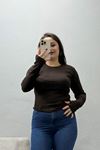 Kadın Bisiklet Yaka Buzzy Ribana Parmak Geçmeli Body Açık Kahve