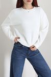 Kadın 3 İplik Bisiklet Yaka Şardonlu Sweatshirt Ekru