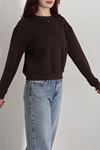 Kadın 3 İplik Bisiklet Yaka Şardonlu Sweatshirt Kahve