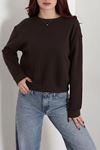 Kadın 3 İplik Bisiklet Yaka Şardonlu Sweatshirt Kahve