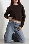 Kadın 3 İplik Bisiklet Yaka Şardonlu Sweatshirt Kahve