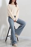 Kadın 3 İplik Şardonlu Kayık Yaka Sweatshırt Bej