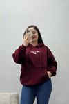 Kadın Üç İplik Kapşonlu Nakışlı Sweat Bordo Model TV-101532