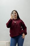Kadın Üç İplik Kapşonlu Nakışlı Sweat Bordo