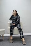 Kadın Süet Düğmeli Pijama Takımı Siyah Beyaz