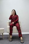 Kadın Süet Düğmeli Pijama Takımı Kırmızıekose