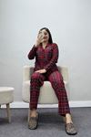 Kadın Süet Düğmeli Pijama Takım Kırmızıekose