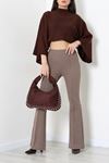 Kadın Ön Dikiş Detaylı İthal Krep İspanyol Paça Pantolon Mocha