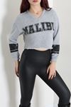 Kadın 3 İplik Şardonsuz Baskılı V Yaka Uzun Kol Crop Sweatshirt Gri