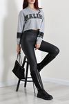 Kadın 3 İplik Şardonsuz Baskılı V Yaka Uzun Kol Crop Sweatshirt Gri