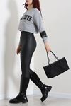 Kadın 3 İplik Şardonsuz Baskılı V Yaka Uzun Kol Crop Sweatshirt Gri