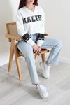 Kadın 3 İplik Şardonsuz Baskılı V Yaka Uzun Kol Crop Sweatshirt Beyaz