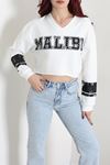 Kadın 3 İplik Şardonsuz Baskılı V Yaka Uzun Kol Crop Sweatshirt Beyaz