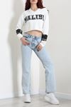 Kadın 3 İplik Şardonsuz Baskılı V Yaka Uzun Kol Crop Sweatshirt Beyaz