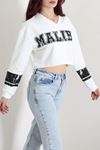 Kadın 3 İplik Şardonsuz Baskılı V Yaka Uzun Kol Crop Sweatshirt Beyaz