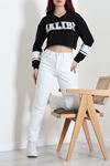 Kadın 3 İplik Şardonsuz Baskılı V Yaka Uzun Kol Crop Sweatshirt Siyah