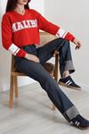 Kadın 3 İplik Şardonsuz Baskılı V Yaka Uzun Kol Crop Sweatshirt Kırmızı