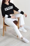 Kadın 3 İplik Şardonsuz Baskılı V Yaka Uzun Kol Crop Sweatshirt Siyah