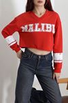 Kadın 3 İplik Şardonsuz Baskılı V Yaka Uzun Kol Crop Sweatshirt Kırmızı