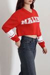 Kadın 3 İplik Şardonsuz Baskılı V Yaka Uzun Kol Crop Sweatshirt Kırmızı