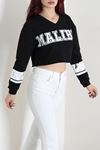 Kadın 3 İplik Şardonsuz Baskılı V Yaka Uzun Kol Crop Sweatshirt Siyah
