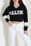 Kadın 3 İplik Şardonsuz Baskılı V Yaka Uzun Kol Crop Sweatshirt Siyah