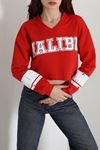 Kadın 3 İplik Şardonsuz Baskılı V Yaka Uzun Kol Crop Sweatshirt Kırmızı