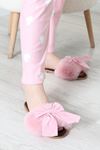 Kadın Kurdeleli Peluş Ev Terliği Pembe