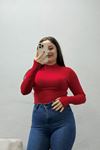 Kadın Yarım Balıkçı Uzun Kolu Parmak Geçmeli Body Kırmızı