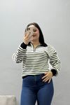 Kadın Modal Kumaş Polo Yaka Çizgili Kazak Siyah Beyaz