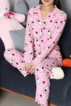 Kadın Süet Düğmeli Pijama Takımı Pembeyeşil