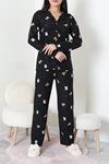 Kadın Süet Düğmeli Pijama Takımı Siyahayı