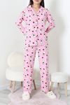 Kadın Süet Düğmeli Pijama Takımı Pembeyeşil