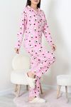 Kadın Süet Düğmeli Pijama Takımı Pembeyeşil