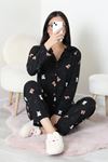 Kadın Süet Düğmeli Pijama Takımı Siyahayı