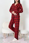 Kadın Süet Düğmeli Pijama Takımı Kırmızısiyah